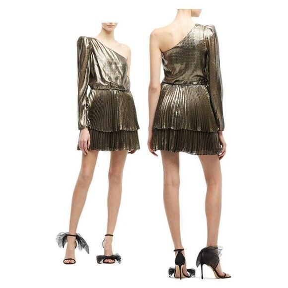 DEREK LAM Yolie Gold Long Sleeve One Shoulder Pleated Mini Dress Size M - Picture 1 of 6